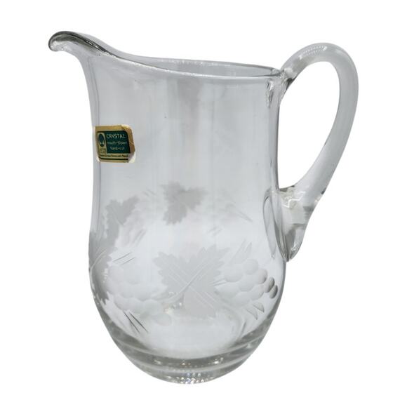Vintage German Lausitzer Glas Etched Glass Crystal Handled Pitcher, Grape Leaf - Picture 1 of 11